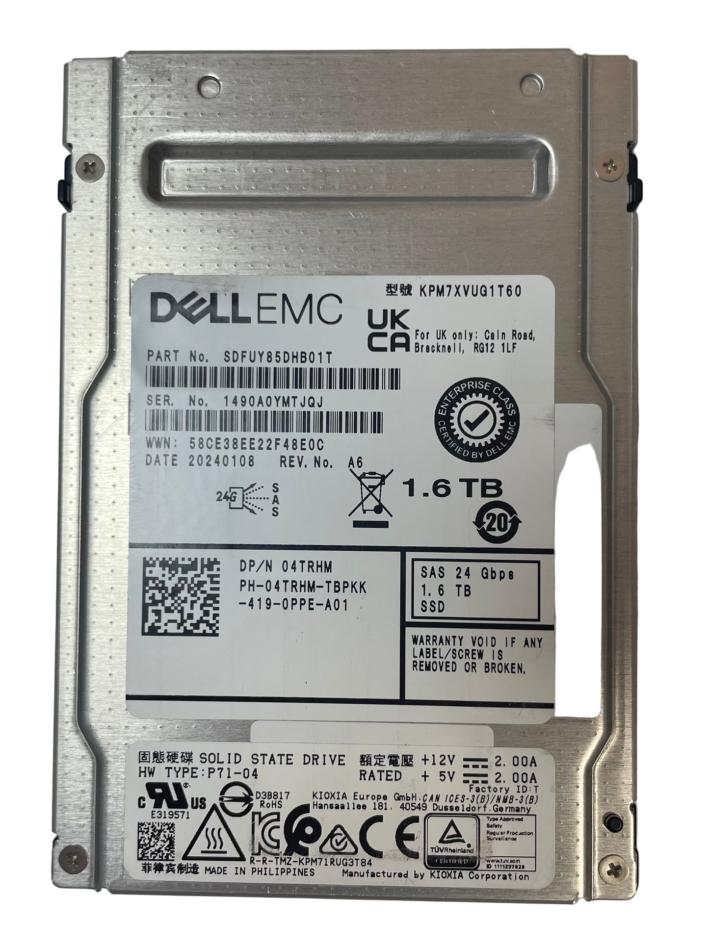 DELL EMC KIOXIA KPM7XVUG1T60 2.5" 1.6TB SAS 24Gbps SSD -Excellent