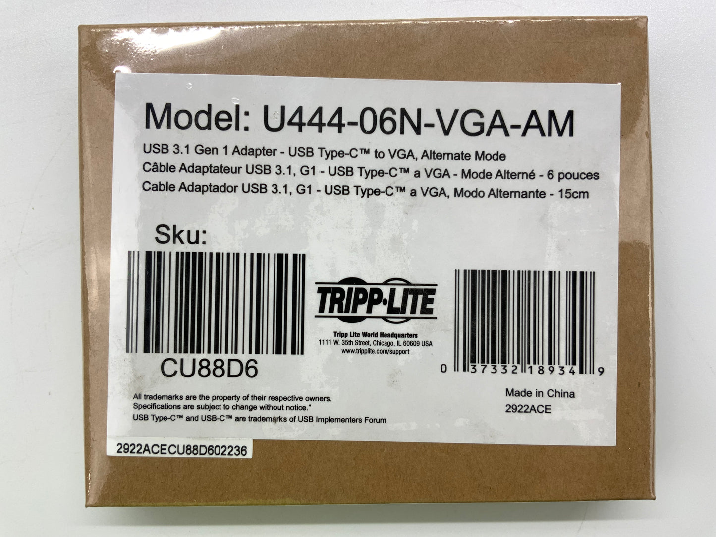 TRIPP-LITE U444-06N-VGA-AM USB-C to VGA Adapter -NEW!