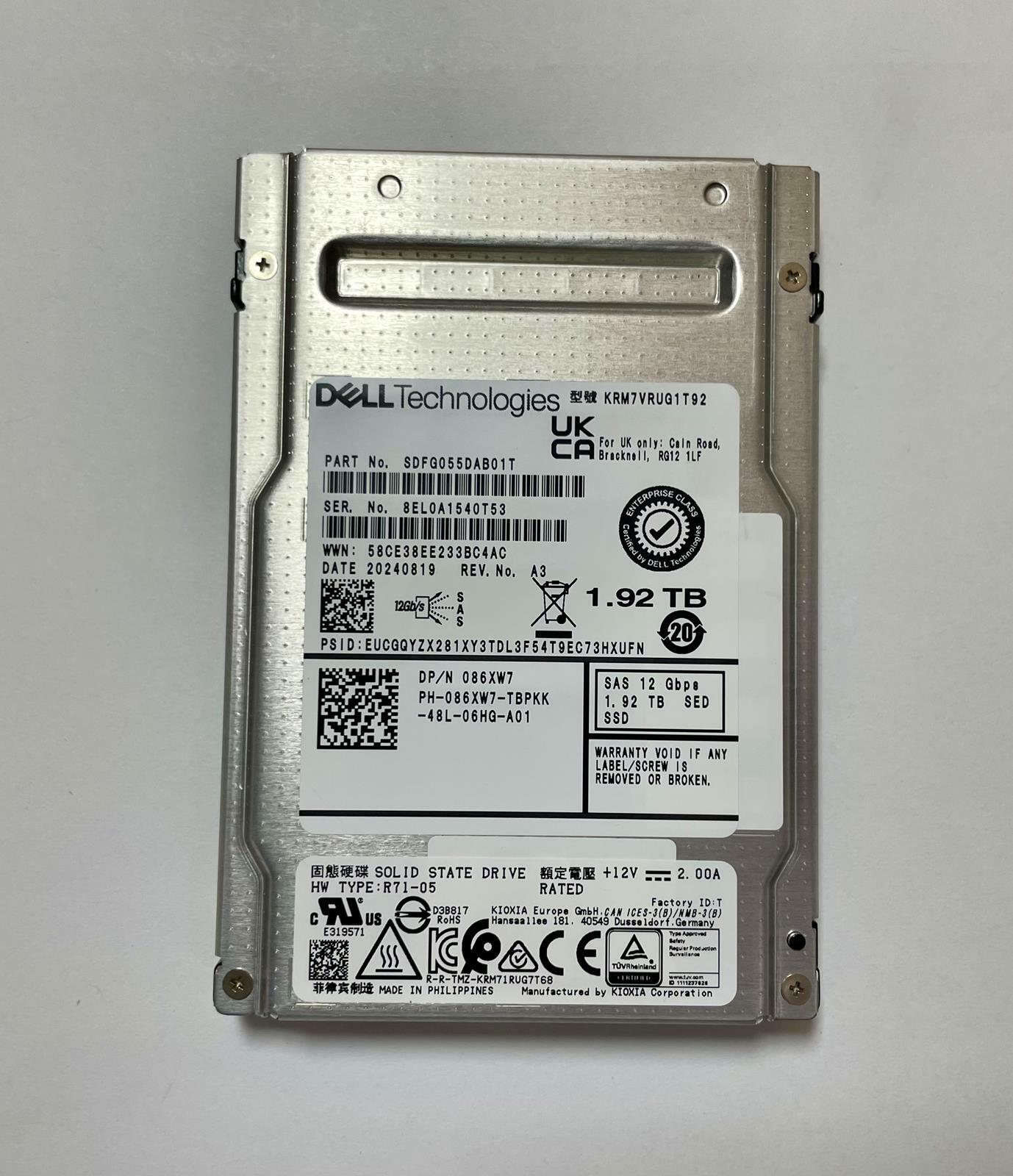 DELL/KIOXIA KRM7VRUG1T92 086XW7 2.5" 1.92TB SAS 12Gbps SED SSD