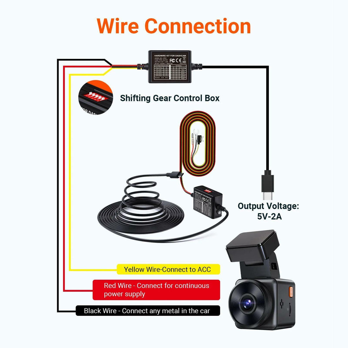 Vantrue 3-Lead ACC 14.8ft Type C USB Hardwire Kit for Dash Cam VP01