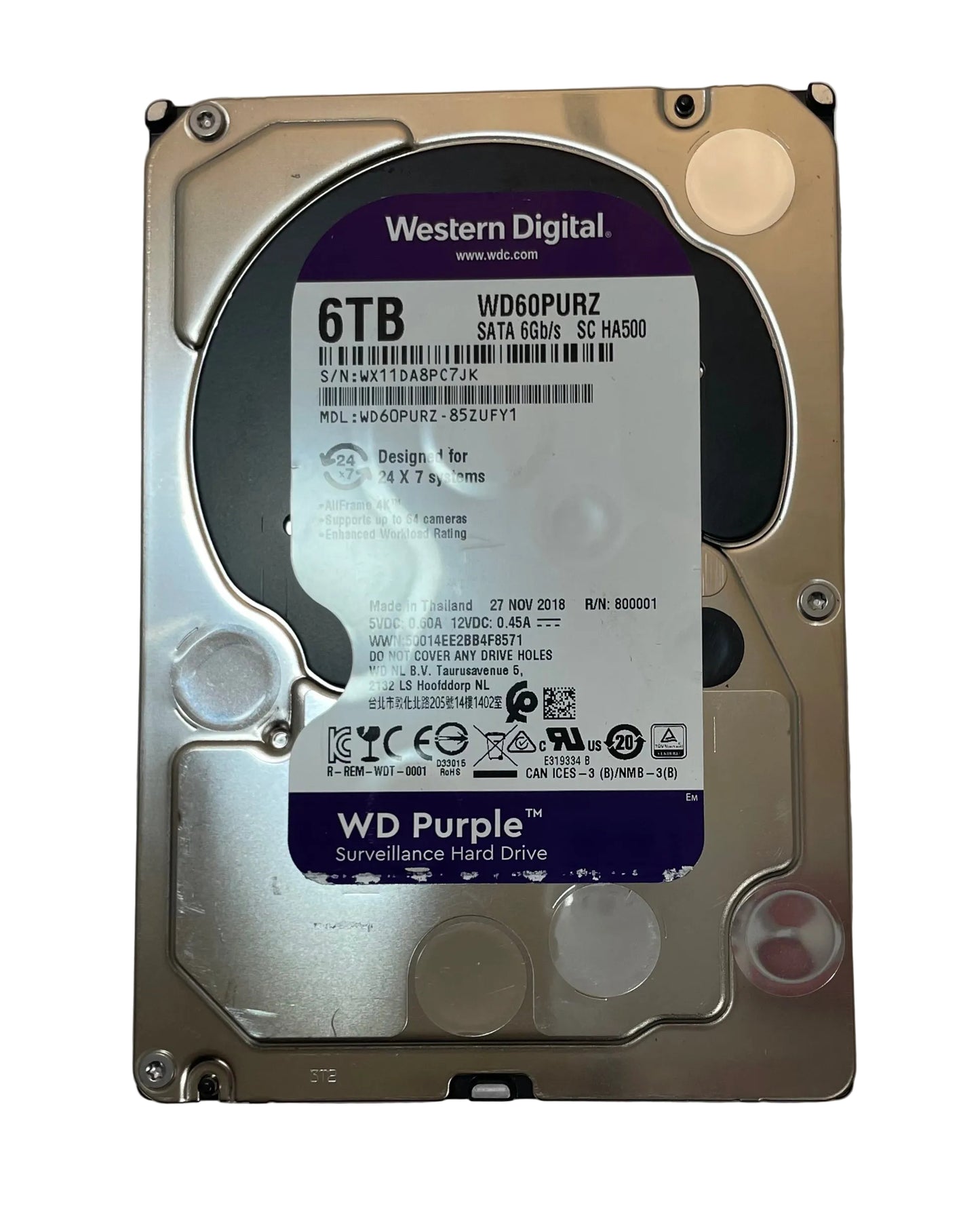 WESTERN DIGITAL Purple WD60PURZ-85ZUFY1 6TB 3.5" SATA Internal Surveillance HDD
